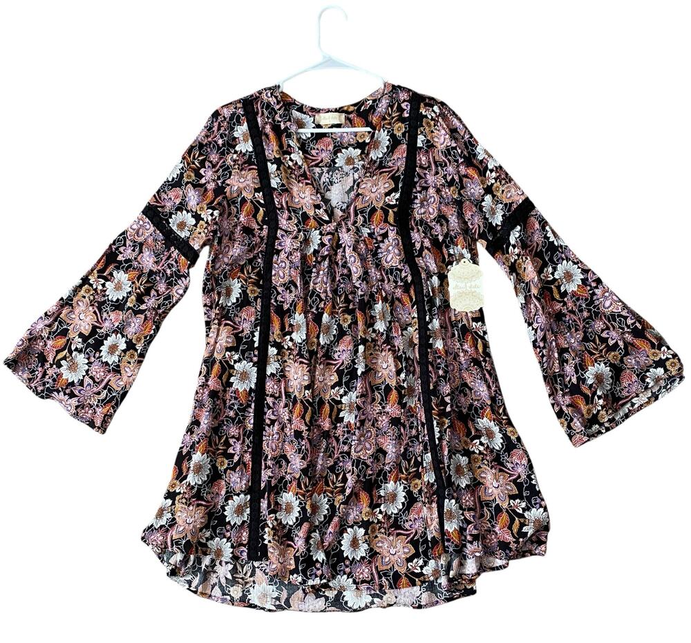 Altar'd State Floral Tunic Mini Dress Small Black Colorful Hippie Boho NEW